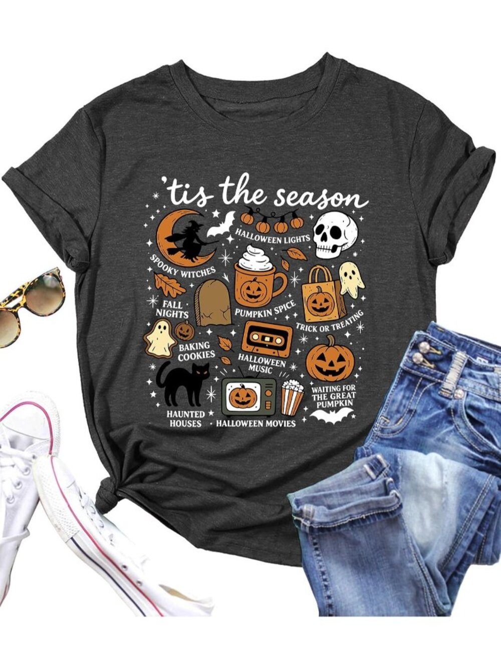 🆕 Womens Tis The Season Halloween Gray Graphic Tee Short Sleeve Casual Tee